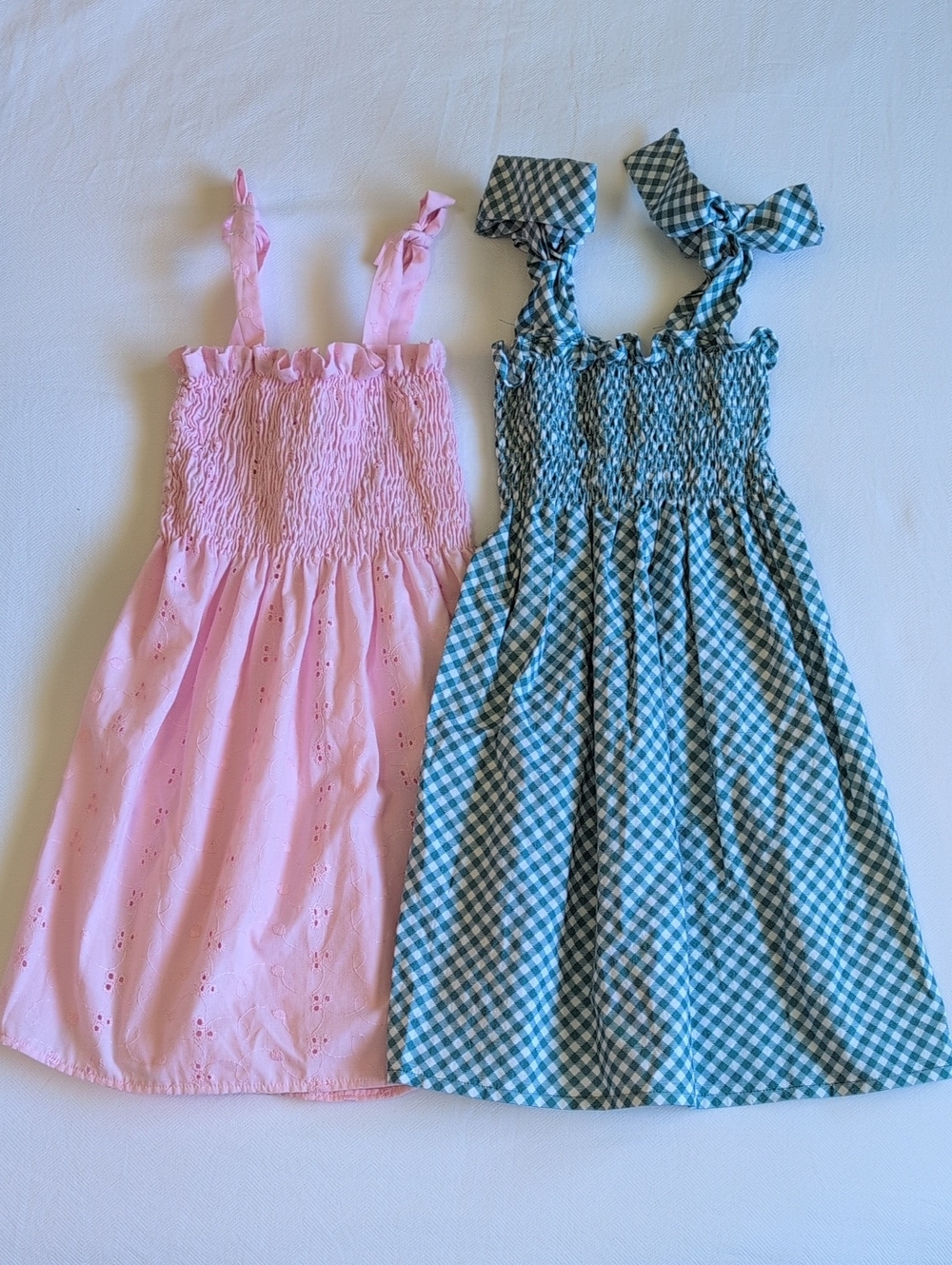 Handmade 3T 4T Gingham Floral Eyelet Shirred Smocked Tie Strap Dress Duo 2